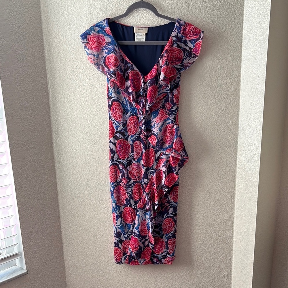 Fuzzi Dress Size Large Floral Ruffle Bodycon V Neck Short Sleeve Italy B4